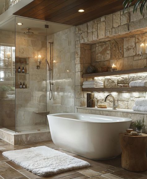 French Villa Bathroom, Tuscan Villa Bathroom, Stone Wall Behind Bathtub, All Stone Bathroom, Rustic Master Bath Ideas, Dream Bathtub, Italian Bathroom, Rustic Bathroom Designs, Dream Life House