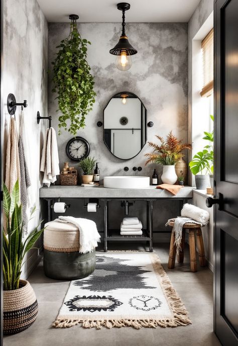 Boho Bathroom Ideas Grey Boho Bathroom Ideas, Modern Boho Master Bath, Black White And Color Bathroom, Black And Concrete Bathroom, Industrial Half Bath, Gray Boho Bathroom, Boho Bathroom Black And White, Grey Boho Bathroom, Bathroom Remodel Boho