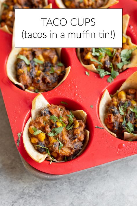 Taco cups! A miniature take on handheld tacos using a muffin tin. A delicious vegan taco recipe for the whole family! Tater Tot Taco, Vegan Tacos Recipes, Taco Cups, Vegan Taco, Taco Bowl, Taco Fillings, Vegan Mexican Recipes, Mild Salsa, Taco Recipe