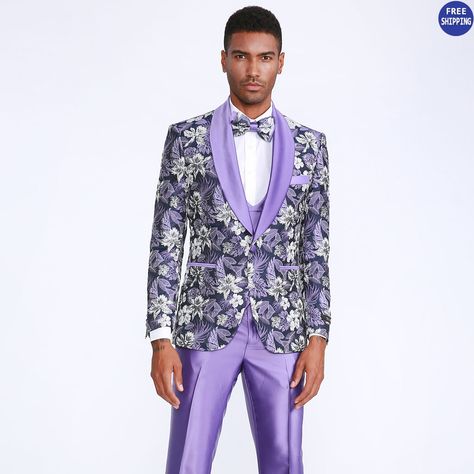 Prom Tuxedo 2023, Lavender Prom Suit, Cool Tuxedos For Prom, Tux For Prom, Prom Tuxedo Ideas, Gold Tuxedo Jacket, Purple Tuxedo, Tuxedo Styles, Funny Prom