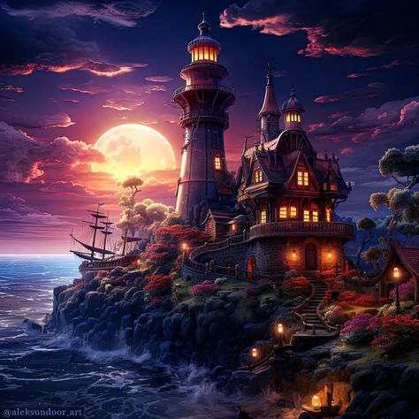 Fantasy Lighthouse, Lighthouse Night, Writing Science Fiction, Wallpapers Posters, To The Lighthouse, Fantasy Ideas, The Lighthouse, Science Fiction Fantasy, Website Link