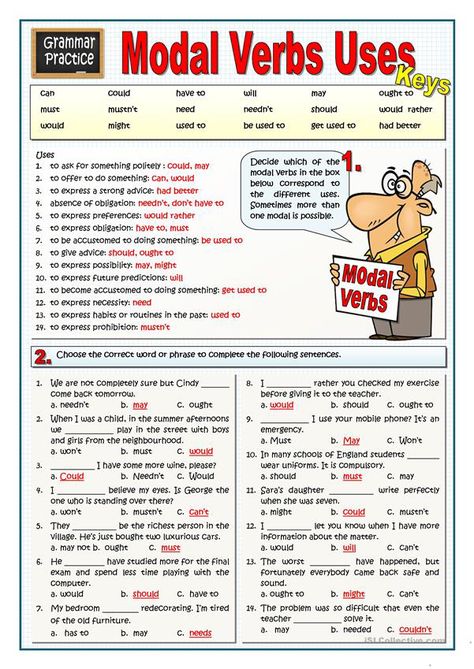 MODAL VERBS USES - English ESL Worksheets Modal Auxiliaries, Modal Verbs, Grammar Exercises, English Exercises, Teaching English Grammar, Verb Worksheets, English Grammar Worksheets, Grammar Practice, English Verbs