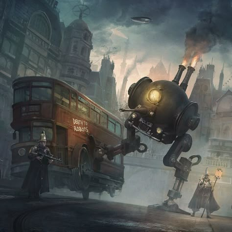 Dieselpunk Art, Steampunk Vehicle, Steampunk City, Steampunk Characters, Steampunk Artwork, Steampunk Aesthetic, Steampunk Tendencies, Arte Punk, Arte Robot