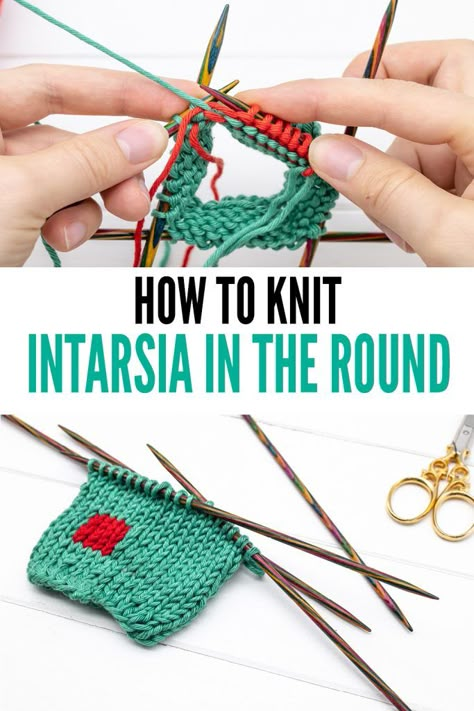 How to knit intarsia in the round. A step by step tutorial including big pictures and a video. This is an advanced technique that can be used for very special socks or sweaters. The idea behind it is, knitting back and forth using provisional cast ons. Click the link to find out how exactly  #knitting #knit #knittingpattern #dyi Intarsia Knitting Patterns, Intarsia Cable Knitting, Knit Intarsia Pattern, How To Knit Intarsia, Knitting Intarsia, Intarsia Knit Sweater, Intarsia In The Round, Intarsia Knitting Charts, Advanced Knitting Techniques