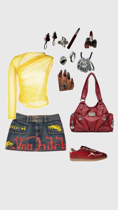 Von Dutch Mini Skirt yellow mesh top red shoes silver a Silver Accessories Outfit, Von Dutch, Silver Shoes, Silver Accessories, Red Shoes, Mesh Top, Lookbook, Mini Skirts, Yellow