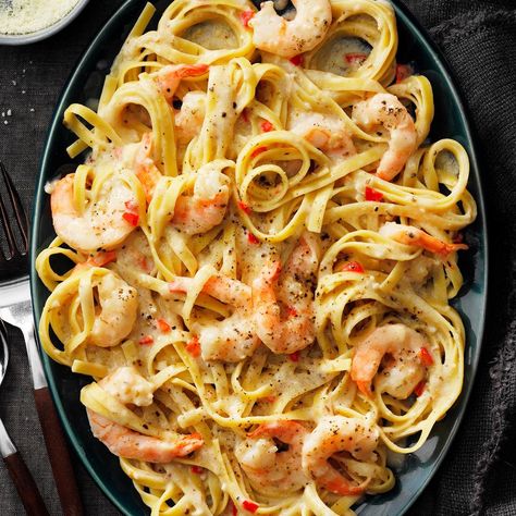 I make this spicy shrimp pasta a lot because it's a something my family never seems to get tired of. The sauce is so fast to make I can get it done while the fettuccine is cooking. In the past, I have added red peppers and spinach, but who's to say you could not add mushrooms or more or less spice. —Stephanie Beluk, Sharpsburg, Georgia Fetuchini Alfredo, Spicy Shrimp Pasta, Shrimp Fettuccine Alfredo, Recipes Spicy, Shrimp Fettuccine, Pasta Alfredo, Fettuccine Alfredo Recipes, Shrimp Alfredo, New Years Dinner