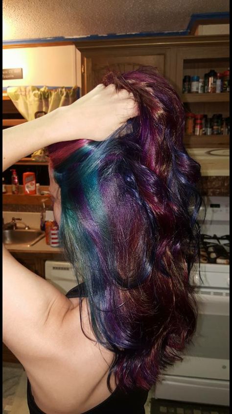 Rainbow hair Green Hair Looks, Oil Spill Hair Color, Rainbow Hair With Black, Rainbow Streaks In Hair, Rainbow Brunette Hair, Colored Hair Inspiration, Multi Hair Color, Black Rainbow Hair, Rainbow Hair Underneath Brown