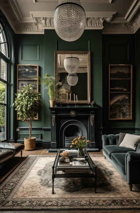 Dark green is the perfect colour for a calm and inviting living room. Here are a few ways to create a dark green living room Green Victorian Living Room, Green Living Room Paint, Dark Green Living Room Ideas, Living Room House Ideas, Dark Moody Living Room, Dark Green Interior, Sage Living Room, House Interior Decoration, Dark Green Rooms