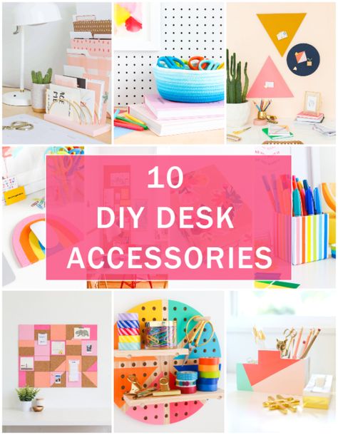 10 Colorful DIY Desk Accessories - The Crafted Life Crafting Desk, Diy Desk Accessories, Cool Office Supplies, Diy Office Decor, Diy Storage Rack, Girl Desk, Diy Desk Decor, Diy Office, Office Cubicle