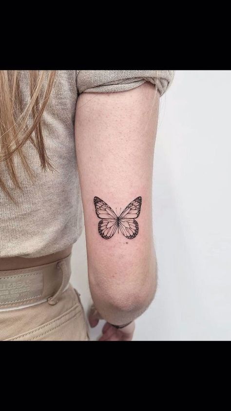 Fineline Monarch Butterfly Tattoo, Back Of The Arm Butterfly Tattoo, Butterfly Tricep Tattoo, Butterfly On Back Of Arm, Back Of Arm Butterfly Tattoo, You Are Loved Tattoo, Butterfly Tattoo Upper Arm, Butterfly Tattoo Minimalist, Butterfly Tattoo Back Of Arm