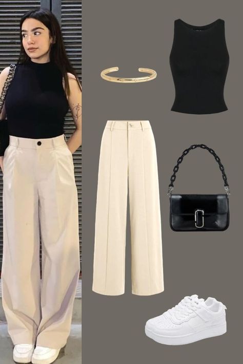 Modern Trousers Women, White Trouser Outfit Ideas, Trouser Tank Top Outfit, Trouser Women Outfit, Set Pants And Top, Trousers Outfit For Women Casual, Styling White Trousers Women, White Jeans And Black Top Outfit, Black Top And Trousers Outfit