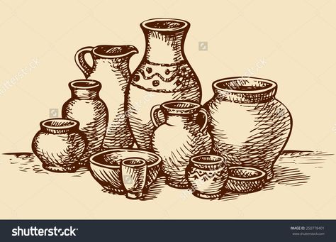 Pot Drawing Ideas, Pottery Drawing, Pot Drawing, Bible Tattoos, Pottery Lessons, Clay Jar, Painted Clay Pots, Pottery Workshop, Object Drawing