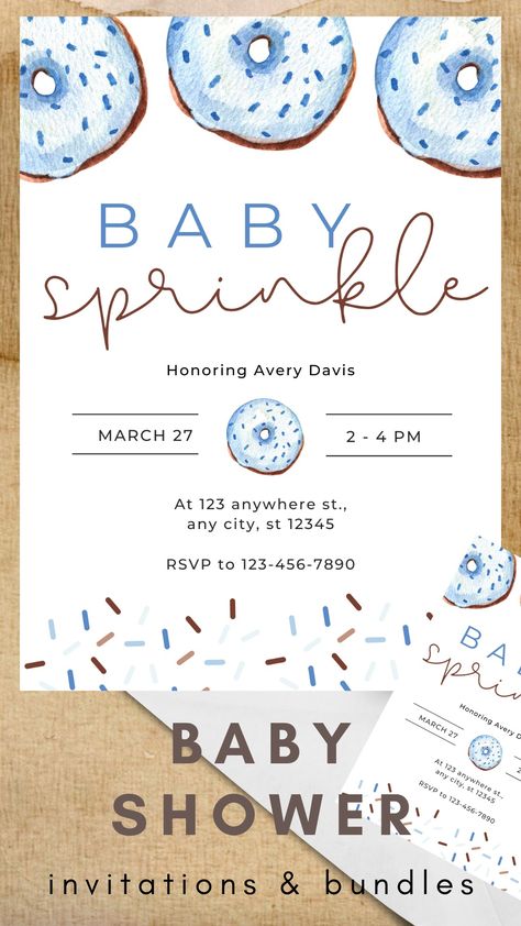 customizable digital baby announcements on etsy. shop our range of baby shower invitations for your baby boy templates and receive a free printable for your special day Donut Invitation, Baby Boy Sprinkle, Kate Baby, Etsy Invitations, Blue Donuts, Baby Shower Invitation Ideas, Baby Boy Shower Ideas, Boy Shower Ideas, Baby Sprinkle Invitations