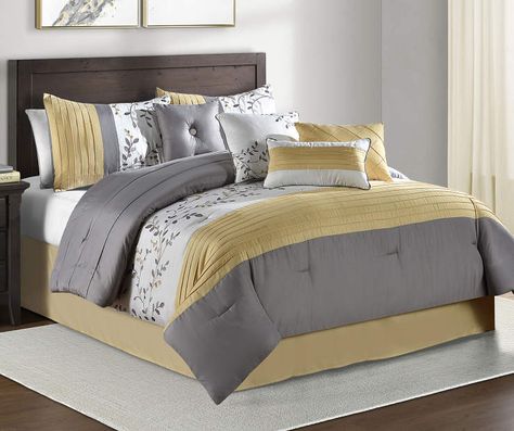 Aprima Foliage Yellow & Gray 8-Piece Comforter Sets at Big Lots. Bathroom With Gold Accents, Yellow Bedding Sets, Living Colors, Beautiful Bedding Sets, Grey Comforter, Yellow Bedding, Fall Bedroom, Yellow Bedroom, Blue Rooms