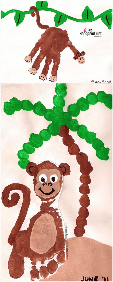 Super cute handprint & footprint Monkey Crafts to make with kids. Zoo Animals Preschool, Monkey Craft, Hand Print Art, Palm Tree Crafts, Jungle Crafts, Zoo Crafts, Zoo Animal Crafts, Baby Footprint Art, Monkey Crafts