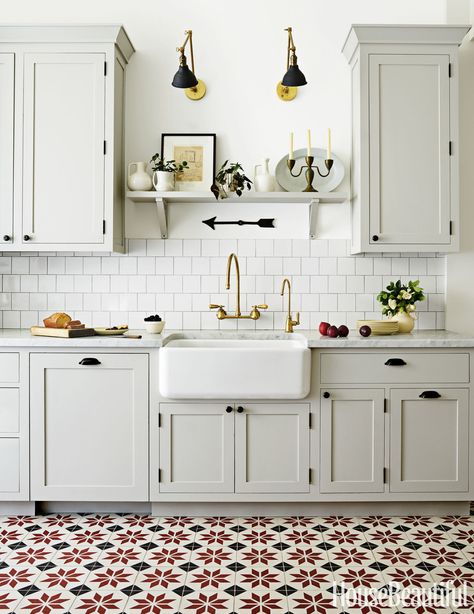 Tour an Old World Kitchen With Surprising Floors, Grant Gibson, tile floors, patterned floors, off white cabinets, light gray cabinets Old World Kitchens, Kitchen Ikea, Kabinet Dapur, Fun Kitchen, Decor Ikea, Classic Kitchen, Kitchen Design Trends, Kitchen Floor Tile, Kitchen Tile