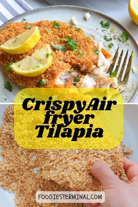 panko breaded crispy air fryer tilapia served with lemon wedges Tilapia Panko, Air Fry Tilapia, Air Fry Fish Recipe, Best Tilapia, Best Tilapia Recipe, Fried Tilapia Recipes, Air Fryer Tilapia, Breaded Tilapia, Tilapia Recipes Easy