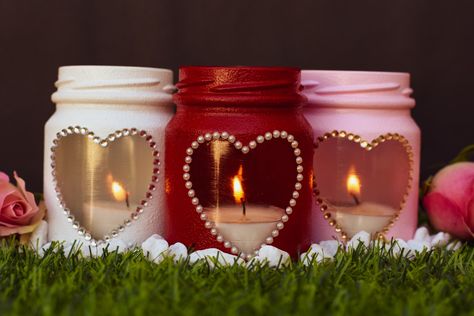 Decorated Candle Jars, Christmas Candle Holders Diy Jar Crafts, Mason Jar Tealight Candle Holder Diy, Decorating Candle Jars, Left Over Candle Jar, Valentine’s Day Candles, Mother’s Day Candle Jars, Painting Glass Jars, Valentine Candles