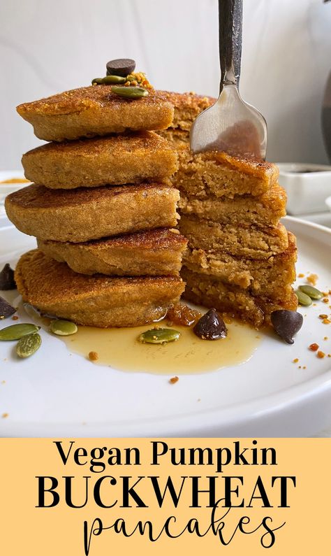 These vegan buckwheat pumpkin pancakes are a healthy gluten free breakfast idea. They're made with buckwheat flour and completely egg free, dairy free and gluten free. #buckwheat #pumpkinpancakes #veganpancakes #paleobreakfast Paleo Pumpkin Pancakes, Buckwheat Flour Recipes, Sugar Free Pancakes, Healthy Gluten Free Breakfast, Homemade Pumpkin Spice Latte, Buckwheat Recipes, Vegan Paleo Recipes, Pumpkin Pancake Recipe, Buckwheat Pancakes