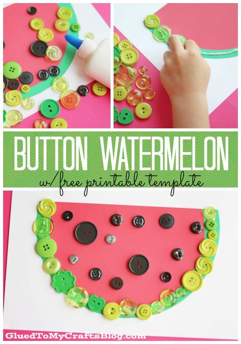 Button Watermelon Kid Craft w/free printable template Watermelon Craft, Watermelon Activities, Watermelon Crafts, Recycled Crafts Kids, Watermelon Art, Summer Crafts For Kids, Kid Craft, Easy Craft Projects, Summer Activities For Kids