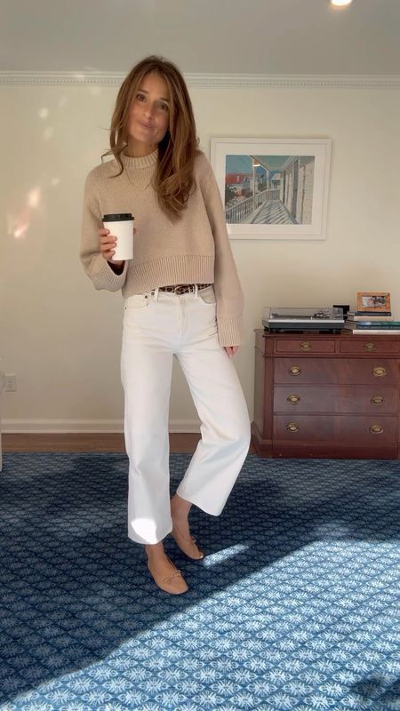 AGOLDE Ren: High Rise Wide Leg … curated on LTK Style Ecru Jeans, White Jeans Fall Outfit Work, White Jeans Christmas Outfit, Transitional Weather Outfits, Southern Classy Outfits, White Jeans In Winter Outfits, White Jean Fall Outfit, Cream Pants Outfit Women, Wide Leg Cream Pants Outfit