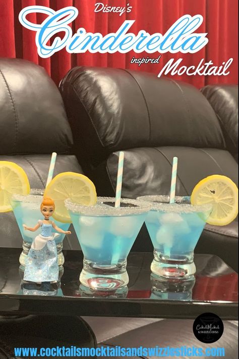 this image shows three blue drinks with white rim with yellow wheel garnish with blue striped straws and a Cinderella figure in front of it. Disney Themed Cocktails, Disney Themed Drinks, Disney Date Night, Princess Themed Birthday Party, Mocktail Party, Disney Movie Night Dinner, Disney Date, Family Night Ideas, Themed Cocktails