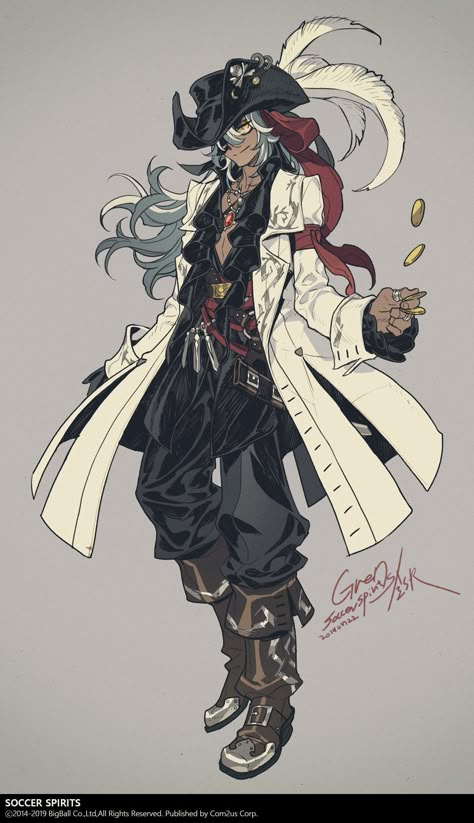 Anime Character Looking Back Over Shoulder, Sky Pirates Concept Art, Dnd Warlock Character Design, Fantasy Pirate Art, Character Design Inspiration Male, Pirate Character Design, Male Oc Ideas, Pirate Character, Anime Pirate