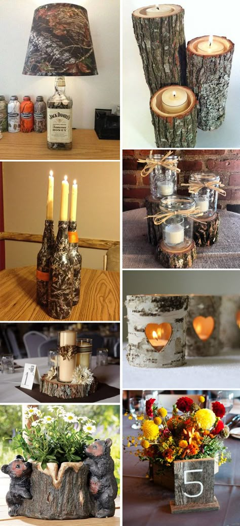 camo wedding centerpieces ideas with candles and stumps Camo Wedding Centerpieces, Camo Wedding Decorations, Country Camo Wedding, Camo Wedding Ideas, Camo Wedding Dresses, Camo Party, Non Traditional Wedding Ring, Candles And Flowers, Camouflage Wedding