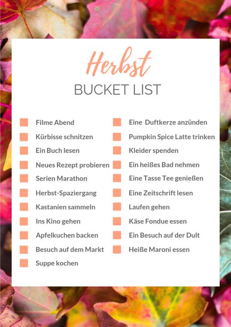 Herbst Bucket List – 21 schöne Aktivitäten für den Herbst | Food Blog ninastrada Autumn To Do List, Zebra Print Clothes, Autumn Bucket List, Daily Hacks, Winter Bucket List, Fall Bucket List, Jambalaya, Positive Reinforcement, Family Activities