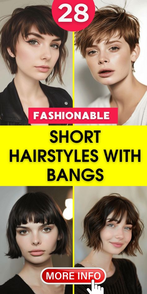 Transform your appearance with 28 eye-catching short hairstyles complemented by bangs. These cuts offer a perfect blend of sophistication and edginess, suitable for various face shapes and hair textures. From asymmetrical bobs to textured pixie cuts, explore the versatility of short hair with bangs. Elevate your style with these trendy, low-maintenance looks that frame your face beautifully and showcase your personality. Short Haircuts With Curtain Bangs, Short Hairstyles With Bangs, Short Hair With Curtain Bangs, Asymmetrical Bob Short, Textured Pixie, Straight Across Bangs, Hair With Curtain Bangs, Soft Bangs, Textured Pixie Cut