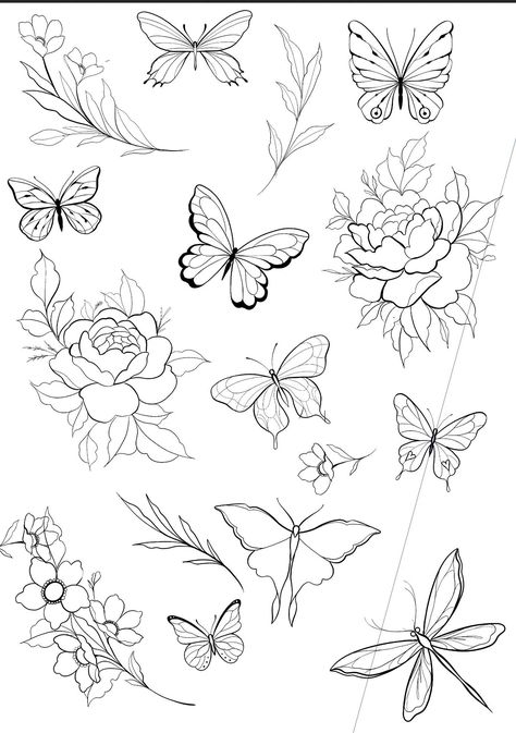 Butterfly Tattoo Flash Sheet, Flash Sheet Tattoo Simple, Butterfly Flash Sheet, Floral Flash Sheet, Spring Flash Tattoo, Simple Line Work Tattoo Design, Simple Tattoo Flash Sheet, Flower Flash Sheet, Butterfly Flash Tattoo