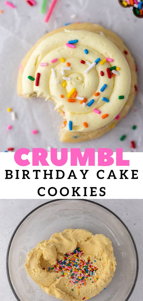 Birthday Cake Crumbl Cookie Copycat, Crumbl Cake Batter, Crumbl Cookie Copycat Cake Batter, Crumbl Cookie Birthday Cake, Birthday Cake Crumble Cookies, Crumbl Funfetti Cookies, Crumble Birthday Cake Cookie, Crumbl Cream Cheese Frosting, Crumbles Cookies