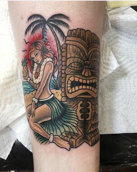 Hula Girl Tattoo, Hula Girl Tattoos, Tiki Pinup, Pinup Tattoo, Tiki Tattoo, Hawaii Tattoos, Flamingo Tattoo, Pin Up Girl Tattoo, Comic Tattoo