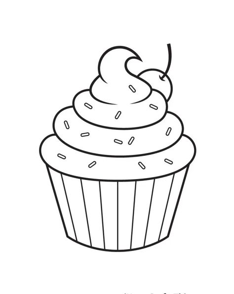 A Dessert Drawing, Ice Cream Cake Drawing, Cake Outline Drawing, Cupcake Drawing Easy, Cupcake Sketch, Draw A Cupcake, Cupcake Outline, Doodle Food, Donut Drawing