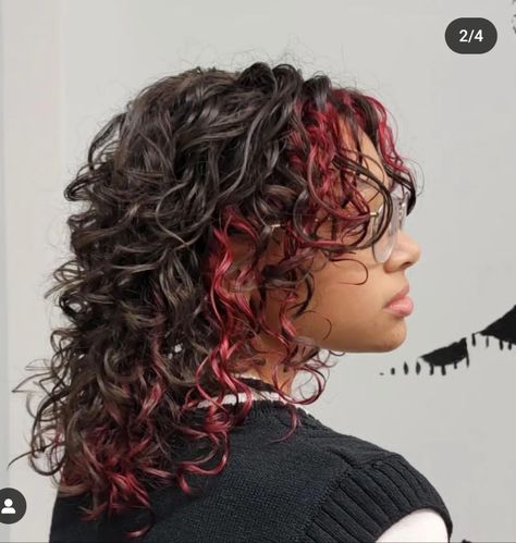 Curly Brown Hair Dye Ideas, Curly Hair Red Underneath, Bottom Layer Highlights, 2c Hair Color Ideas, Curly Peekaboo Highlights, Red And Black Peekaboo Hair Curly, Red Hair Highlights Curly Hair, Chunky Red Highlights Curly Hair, Red Lowlights In Brown Hair Curly