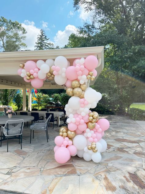 Park Pavilion Balloons, Birthday Gazebo Decorations, Balloon Garland On Pop Up Tent, Pink White And Gold Balloon Garland, Balloon Garland On Pergola, Porch Balloon Garland, Balloons On Tent, Balloon Garland On Tent, Patio Balloon Decor