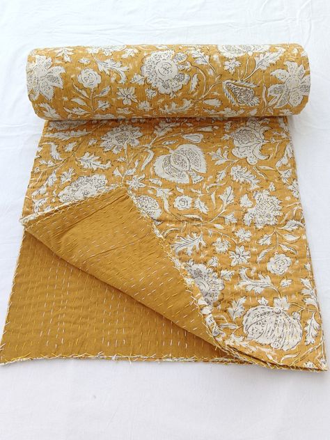 Yellow Handblock Printed Quilt Handmade kantha Quilt Indian Kantha Quilt Indian Light Weight Bedding Summer Winter Cotton Bedspread 138 by Sarangjp on Etsy Double Bed Size, Indian Quilt, Block Print Quilt, Cotton Bedspread, Indian Prints, Kantha Bedspreads, Kantha Work, Kantha Throw, Printed Quilt