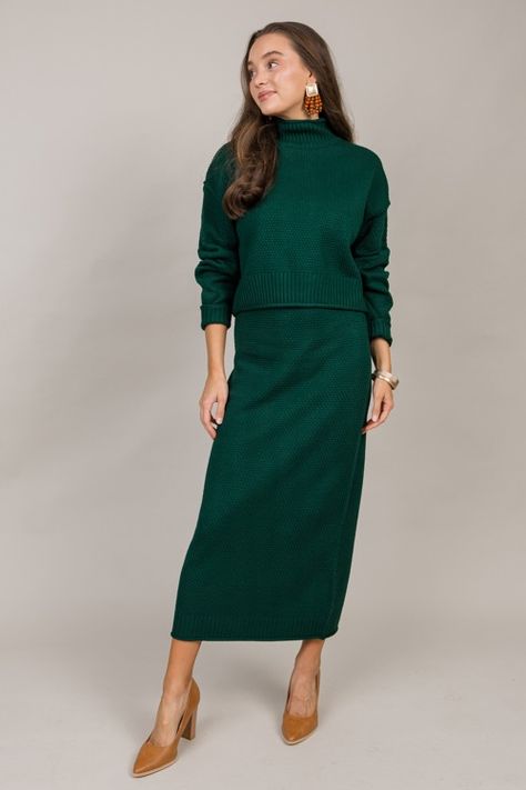 Shelby Sweater Set, Dark Green Chic Green Knit Sweater Dress, Chic Green Sweater Dress For Winter, Chic Green Sweater Dress For Fall, Casual Turtleneck Sweater Dress For Work, Green Sweater Dress Outfit, Kelly Green Sweater, Green Dress Outfit, Midi Sweater Skirt, Green Sweater Dress