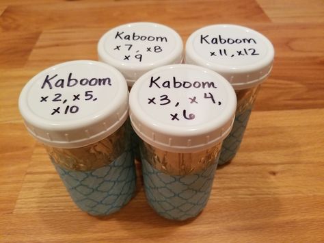 Kaboom popsicle stick center game for students, stored in cute mason jars! Works greats for multiplication facts. Multiplication Room Transformation, Kaboom Math Game, Multiplication Grouping Activities, Kaboom Game, Multiplication Dice Game, Multiplication Memory Game, Game For Students, Intervention Strategies, Mason Jars Labels