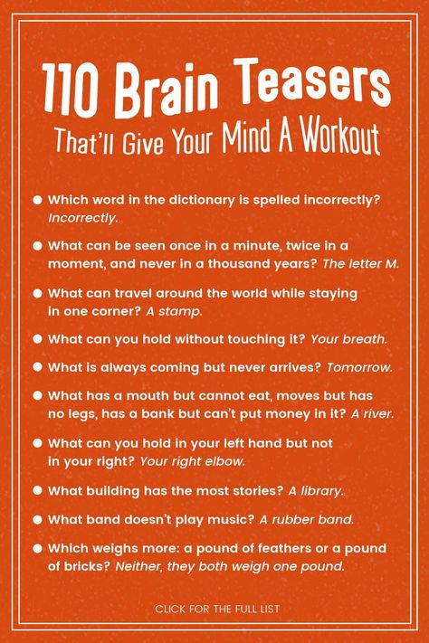 110 Brain Teasers For Adults & Kids (With Answers) | YourTango Brain Teasers For High School Students, Middle School Brain Teasers, Questions That Extend The Brain, Riddles With Answers Funny Brain Teasers, Brain Activity Games, Brain Teasers And Answers, Easy Brain Teasers, Word Puzzles Brain Teasers, Word Brain Teasers