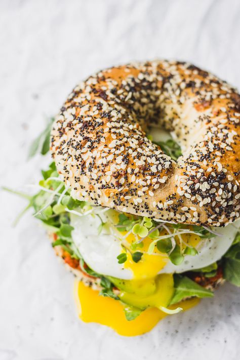 Romesco Breakfast Bagel Sandwich - easy to make and full of flavor! #recipe #forkinthekitchen #brunch #vegetarian | Fork in the Kitchen Breakfast Bagel Sandwich, Bagel Sandwich Recipes, Bagel Sandwiches, Best Breakfast Sandwich, Bagel Breakfast Sandwich, Breakfast Sandwich Recipes, Breakfast Bagel, Bagel Sandwich, Homemade Bagels