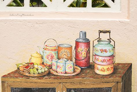 StreetArtSingapore04 Malaysian Culture Illustration, Pic Candle Doodle, Singapore Food Illustration, Peranakan Painting, Singapore Illustration Art, Singapore Illustration, Tiny Miracles, Food Art Painting, Chinese Folk Art