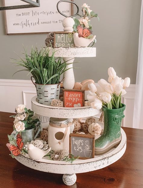 Three Tier Tray, Tiered Tray Stand, Tips And Trick, Farmhouse Tray, Mini Signs, Tiered Tray Diy, Easter Table Settings, Tray Styling, Island Decor