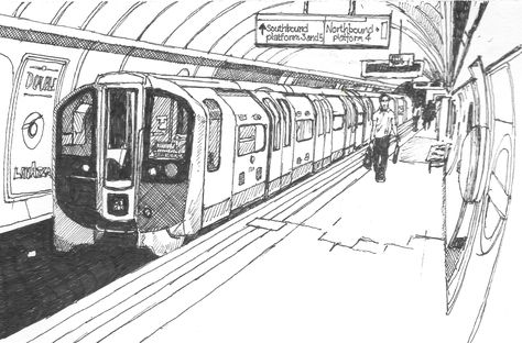 London Underground - the Tube. Sketched in 0.3mm pen Train In One Point Perspective, Anime Architecture Illustrations, Ink Map Drawing, Subway Perspective Drawing, Barcelona Drawing Sketch, Perspective Art Architecture, Metro Station Drawing, Metro Train Drawing, 0.5 Drawing Perspective