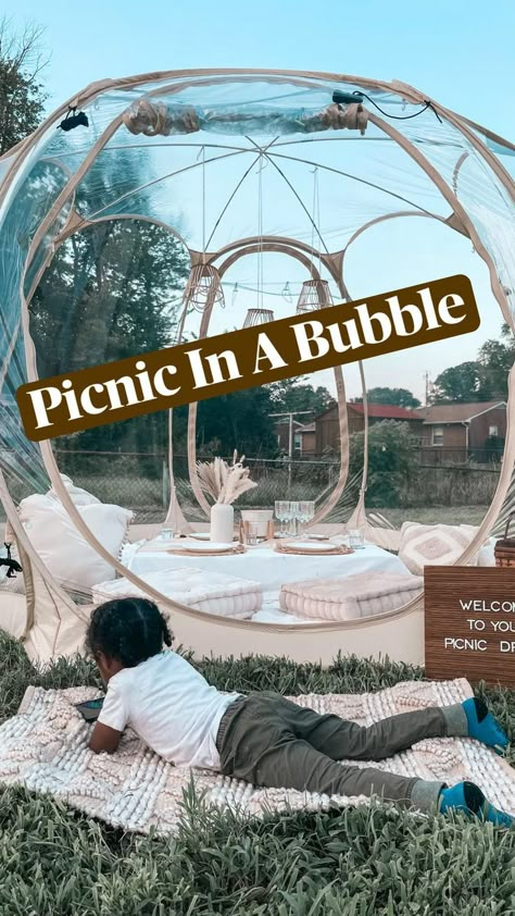 Picnic In A Bubble 🧺 | Backyard dinner party, Bubble tent, Backyard party Picnic Business, Picnic Party Decorations, Picnic Setup, Backyard Dinner Party, Luxury Picnic, Dream Dates, Romantic Date Night Ideas, Bubble Tent, Picnic Inspiration