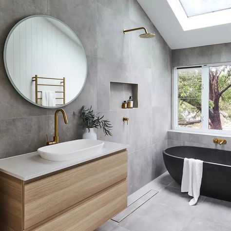 Bathrooms that are neutral with a touch of wood are classic and timeless. Also very calming. Gray Tile Bathroom Ideas, Modern Bathroom Grey, Gray Tile Bathroom, Monochromatic Bathroom, Tile Bathroom Ideas, Reece Bathroom, Gray Shower Tile, Bathroom Grey, Rental Bathroom