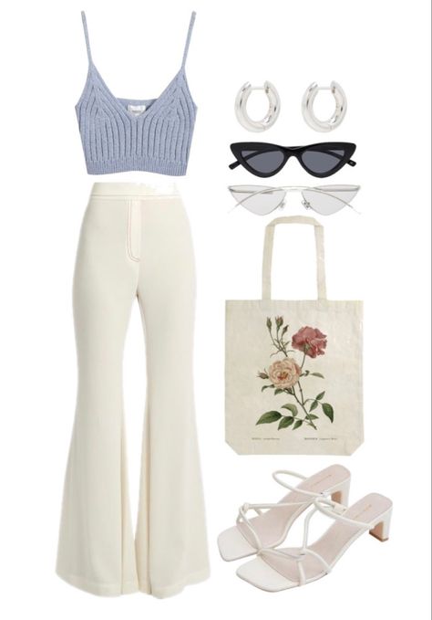 Blue Top And White Pants Outfit, White Pants And Heels Outfit, Small Heels Outfit Casual, Light Blue Outfits Aesthetic, White Background Pics Of Clothes, Blue Knit Top Outfit, White Heels Outfit Summer, Outfit Template Aesthetic, Sky Blue Tank Top Outfit