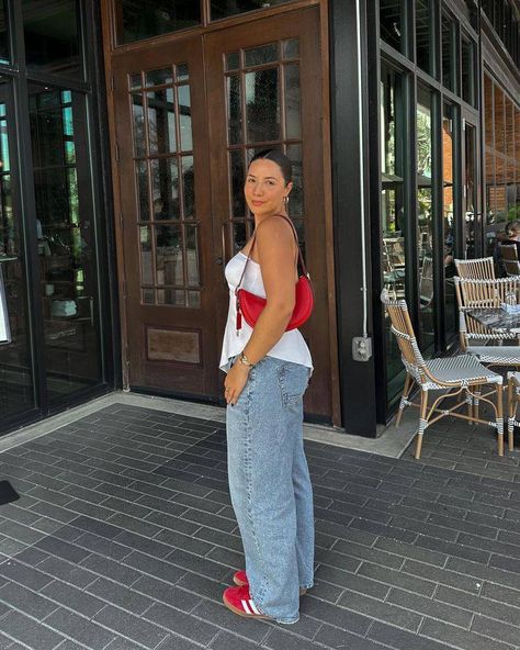 Red Sneakers Outfit Women Summer, Red Sambas Adidas Outfit Summer, Aesthetic Samba Outfit, Blush Pink Shoes Outfit, Red Shoe Aesthetic, Red Gazelles Outfit, San Fran Outfits, Red Adidas Samba Outfit, Red Campus Outfit