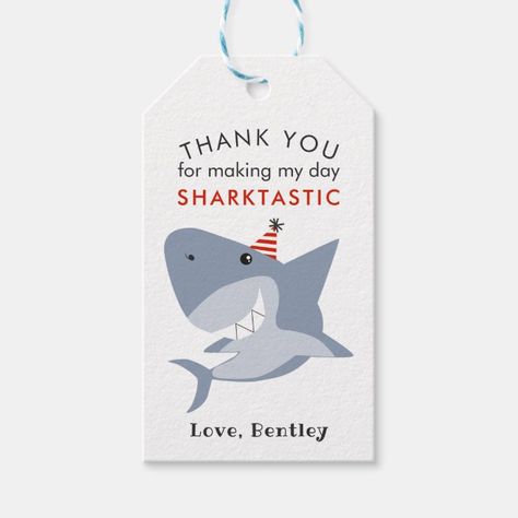 Sharktastic Birthday Party Thank You Favor Gift Tags | Zazzle.com Shark Themed Birthday Party, Save The Date Wording, Summer Birthday Party, Custom Ribbon, Baby Boy 1st Birthday, Shark Birthday, Theme Birthday Party, Personalized Gift Tags, Waterpark