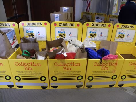 School supply drive School Supply Donation Box Ideas, School Bus Box Diy, Back To School Drive Ideas, Back To School Donation Box Ideas, School Supply Drive Box Ideas, Book Drive Box Ideas, School Donation Box Ideas, Back To School Giveaway Ideas, Church Back To School Bash